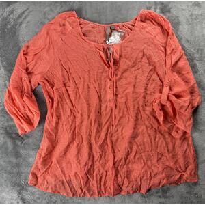 Brina and Em Coral Women's Size 2X Button-Up Top Blouse with Tie Neck